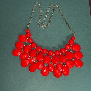 Red Statement Bib Necklace Chunky Teardrop Beads Gold Tone Chain 23" End to End